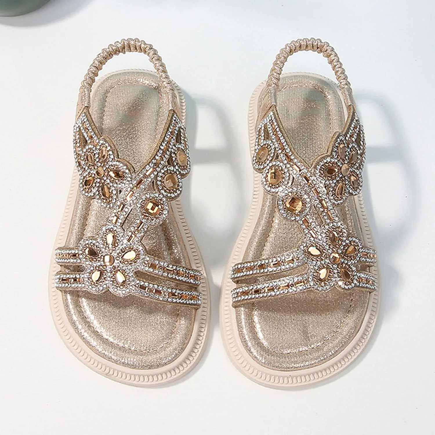 Girls Sandals Dressy Flats Bohemian Comfortable Casual Summer Non Slip Elastic Ankle Strap Beach Walking Thong Shoes for Big Kids