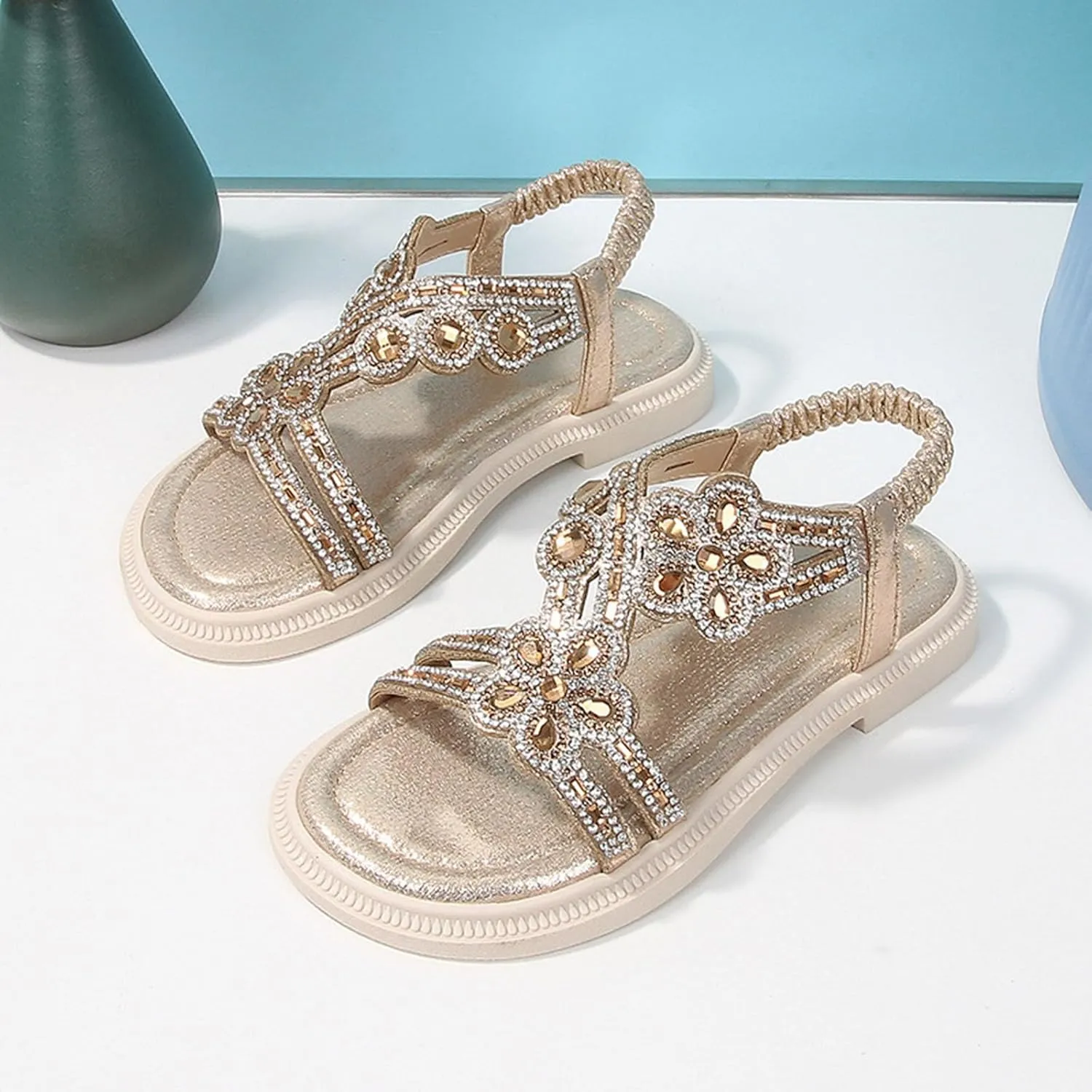 Girls Sandals Dressy Flats Bohemian Comfortable Casual Summer Non Slip Elastic Ankle Strap Beach Walking Thong Shoes for Big Kids