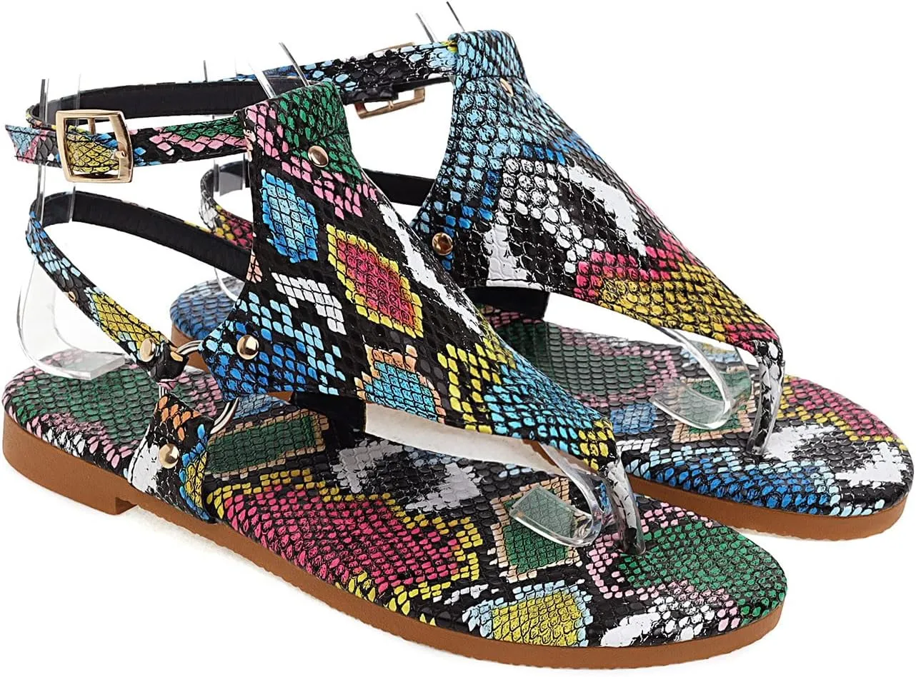 Gladiator Flat Sandal for Women Fashion Snakeskin Print Thong Strap Buckle Clip Toe Studded Roman Shoes Summer Comfortable Casual Beach Shoes