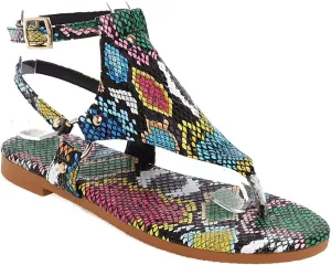 Gladiator Flat Sandal for Women Fashion Snakeskin Print Thong Strap Buckle Clip Toe Studded Roman Shoes Summer Comfortable Casual Beach Shoes