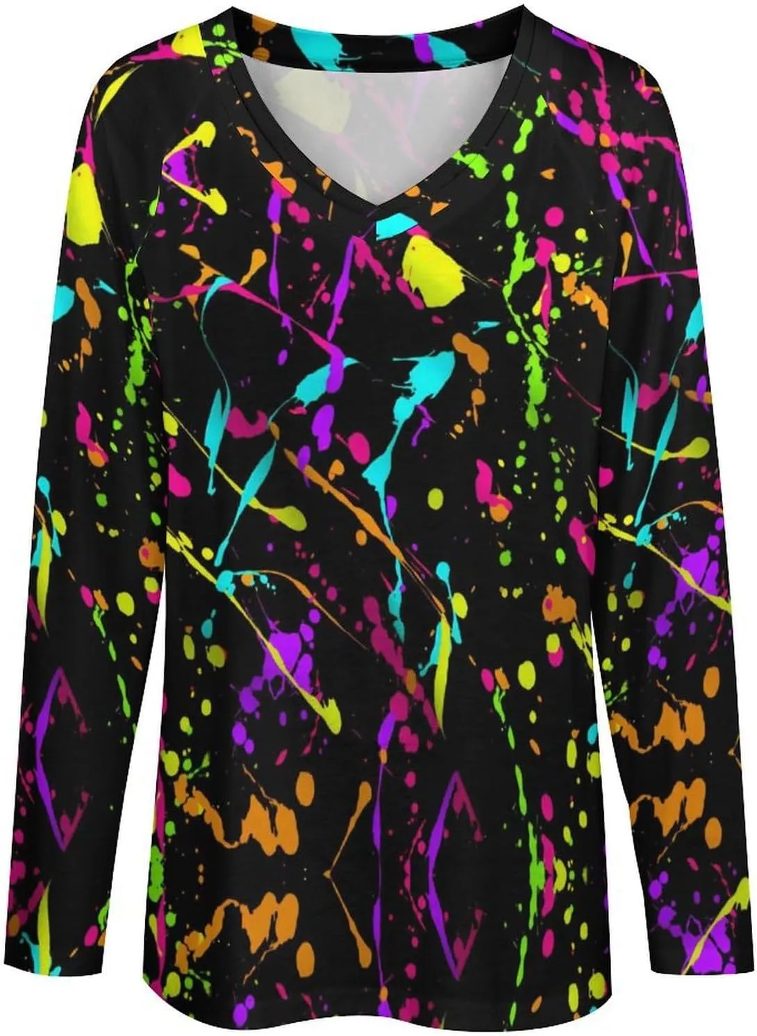 Glow in Dark Splatter Neon Women's Casual Long Sleeve Tops Loose V-Neck Shirts