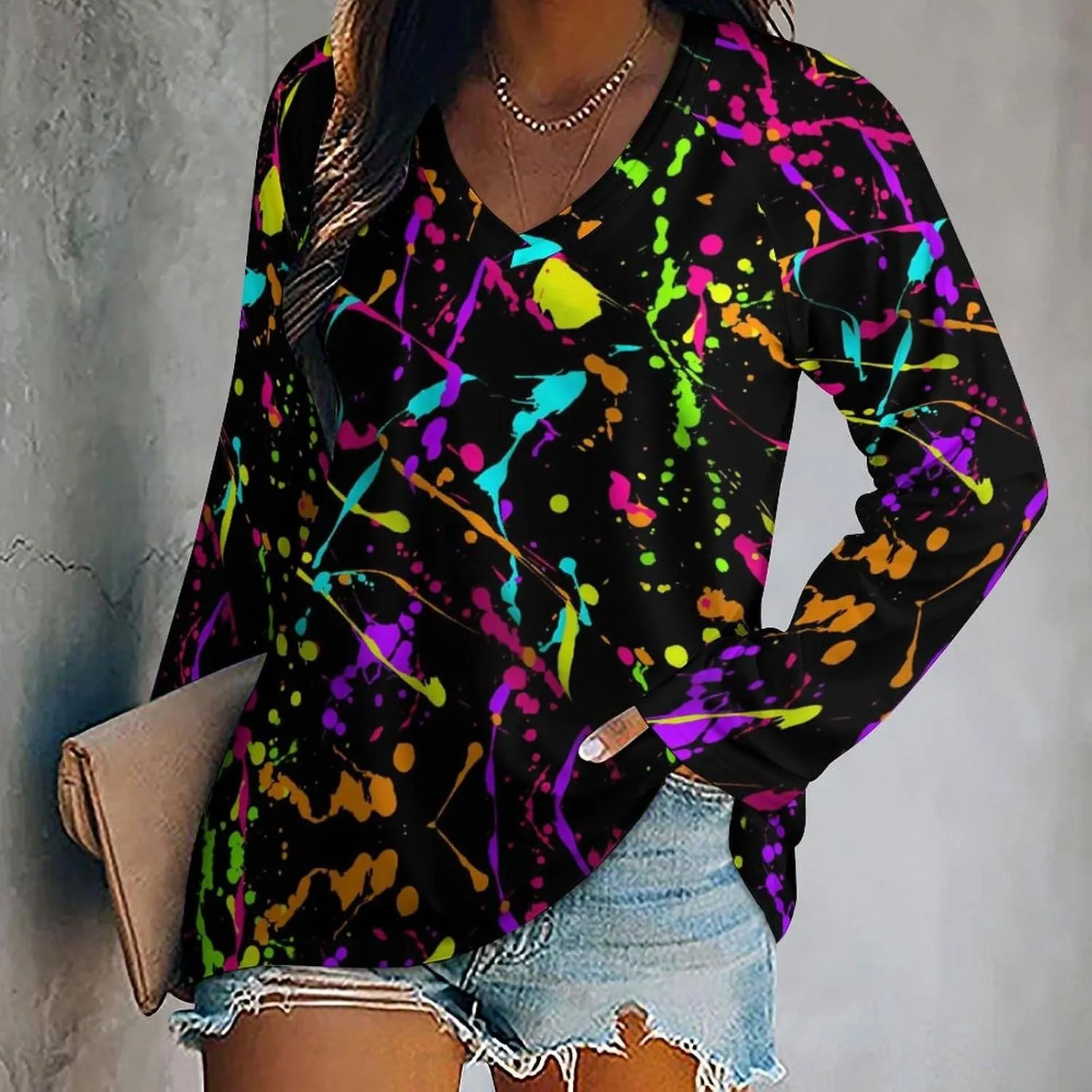 Glow in Dark Splatter Neon Women's Casual Long Sleeve Tops Loose V-Neck Shirts