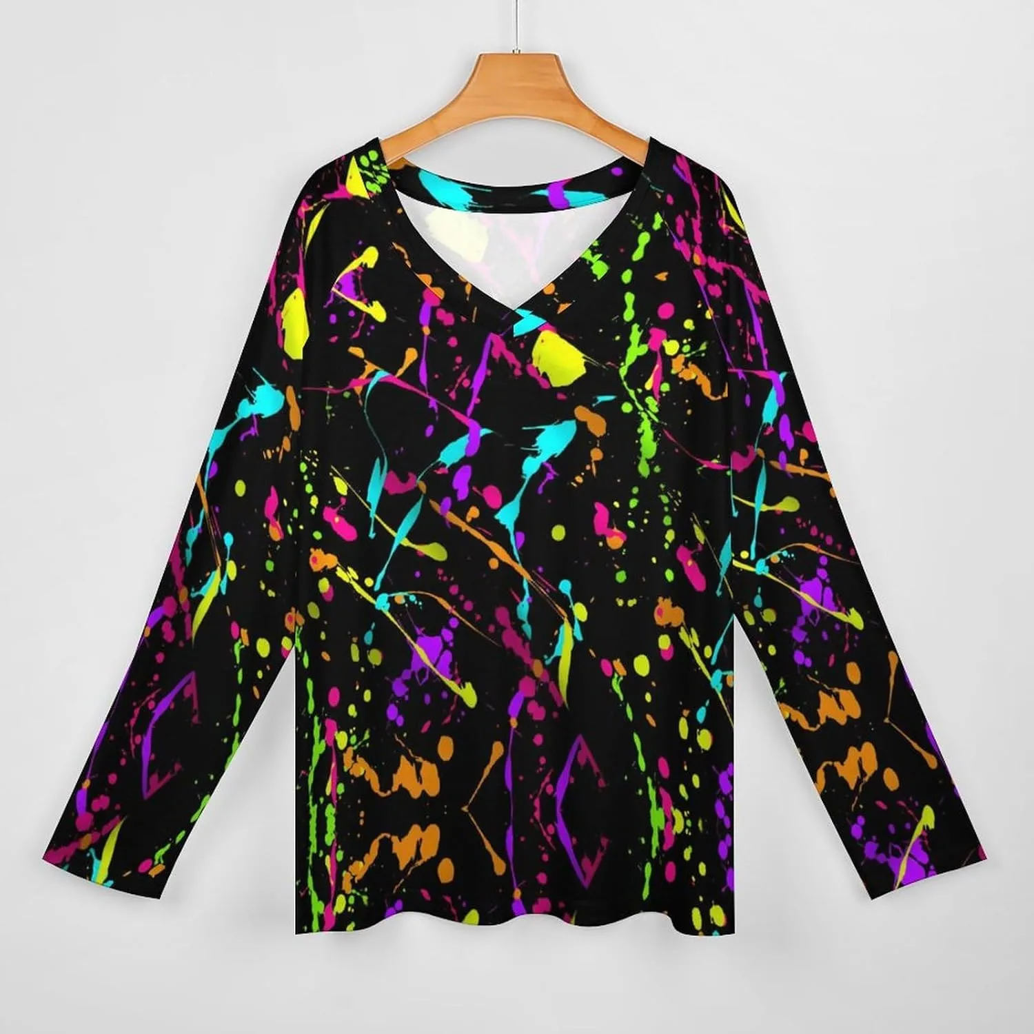 Glow in Dark Splatter Neon Women's Casual Long Sleeve Tops Loose V-Neck Shirts
