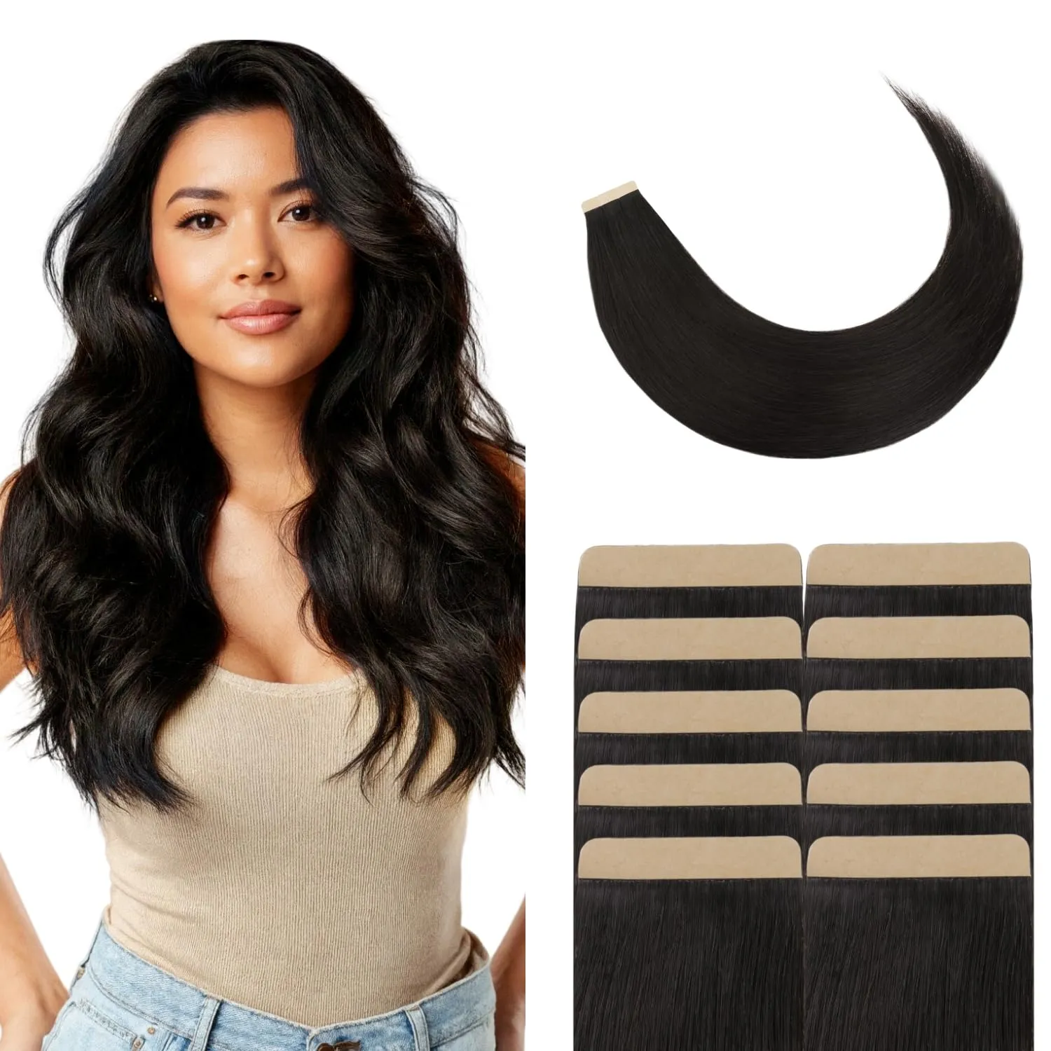 GOO GOO Tape Weft Hair extenisons, 1B Natural Black, 4cm Wide Tape, 18inch 20pcs 80g, Real Human Hair, Seamless Tape in, Instant Length&Volume