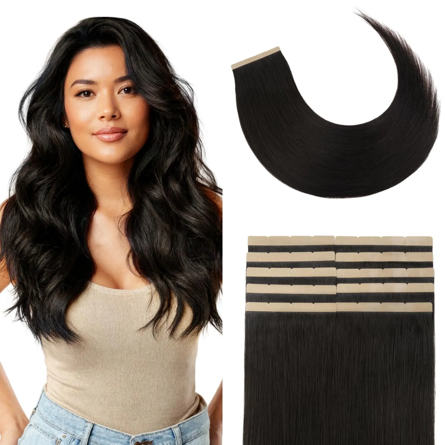 GOO GOO Tape Weft Hair extenisons, 1B Natural Black, 8cm Wide Tape, 20inch 10pcs 50g, Real Human Hair, Seamless Tape in, Instant Length&Volume