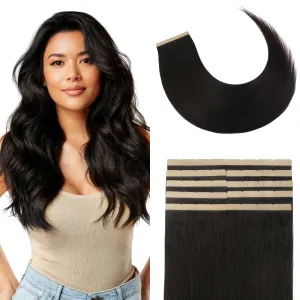 GOO GOO Tape Weft Hair extenisons, 1B Natural Black, 8cm Wide Tape, 20inch 10pcs 50g, Real Human Hair, Seamless Tape in, Instant Length&Volume