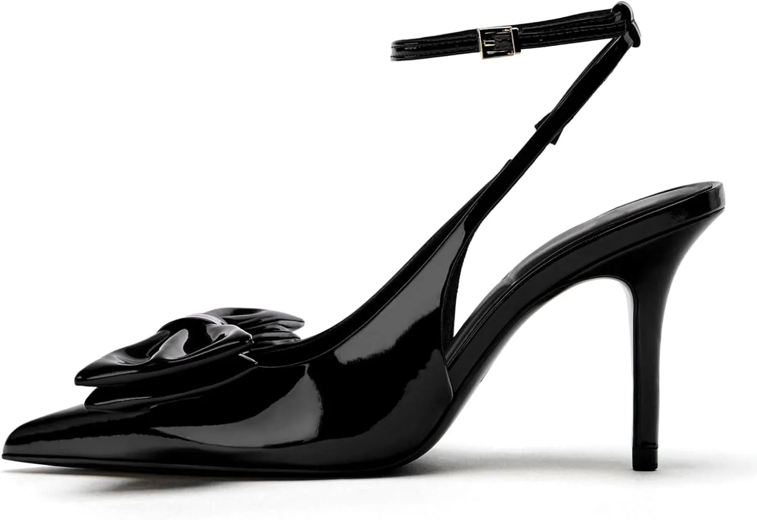 Goolita Bow Burgundy Slingback Heels for Women, Pointed Toe Buckle Ankle Strap Patent Leather Cherry Red Pumps Sexy Stiletto High Heels Shoes