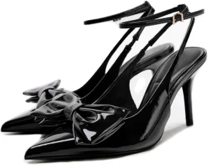 Goolita Bow Burgundy Slingback Heels for Women, Pointed Toe Buckle Ankle Strap Patent Leather Cherry Red Pumps Sexy Stiletto High Heels Shoes
