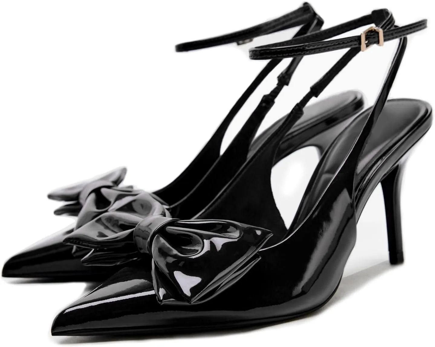 Goolita Bow Burgundy Slingback Heels for Women, Pointed Toe Buckle Ankle Strap Patent Leather Cherry Red Pumps Sexy Stiletto High Heels Shoes