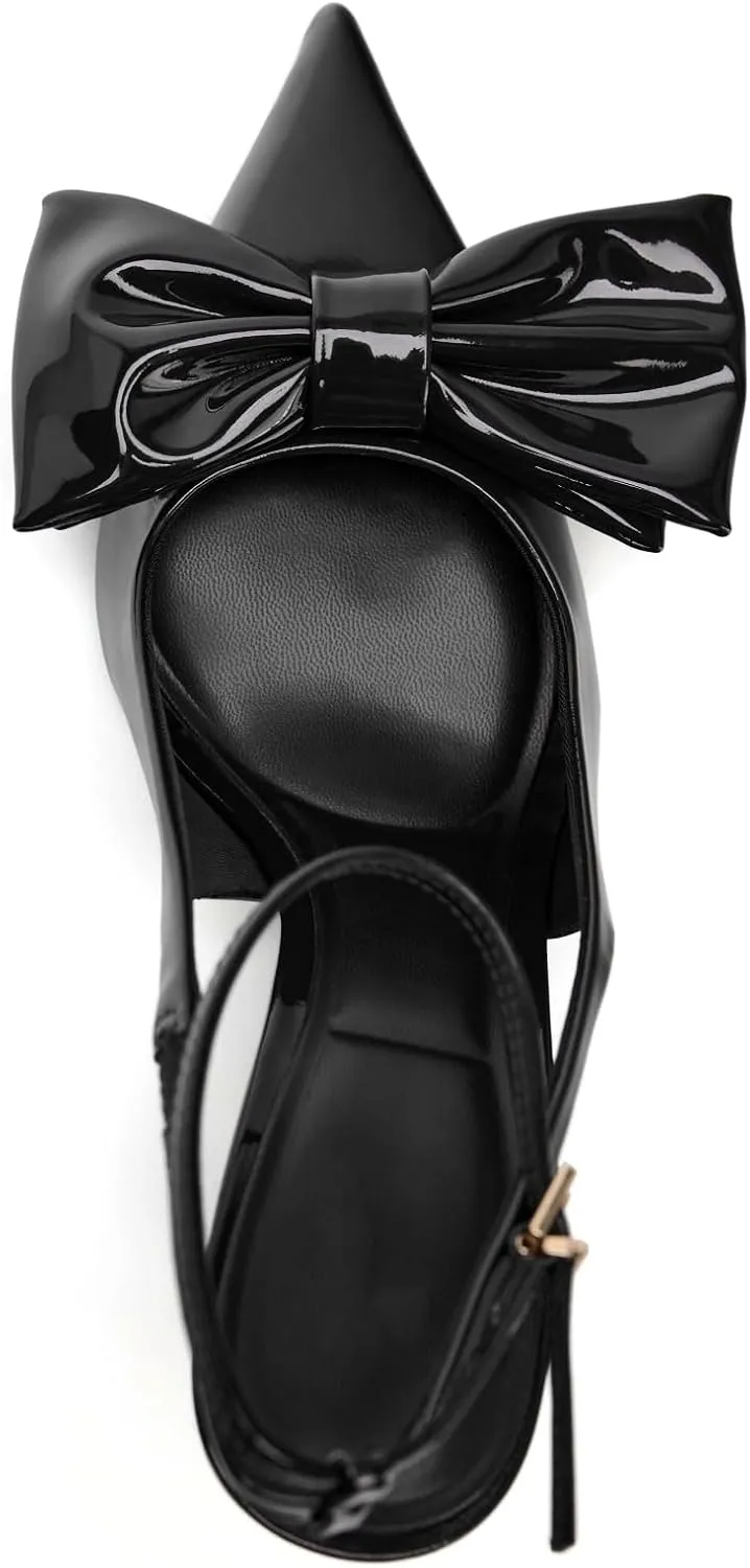 Goolita Bow Burgundy Slingback Heels for Women, Pointed Toe Buckle Ankle Strap Patent Leather Cherry Red Pumps Sexy Stiletto High Heels Shoes