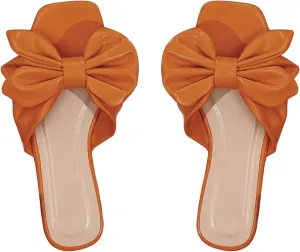 GORGLITTER Women's Bow Flat Sandals Dressy Square Open Toe Sandals Comfortable Slip On Slide Sandals