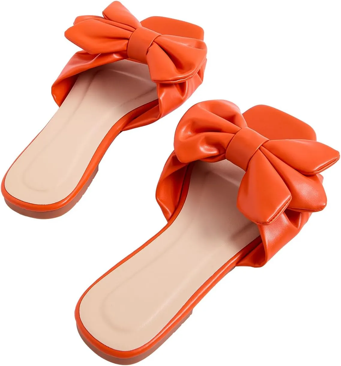GORGLITTER Women's Bow Flat Sandals Dressy Square Open Toe Sandals Comfortable Slip On Slide Sandals