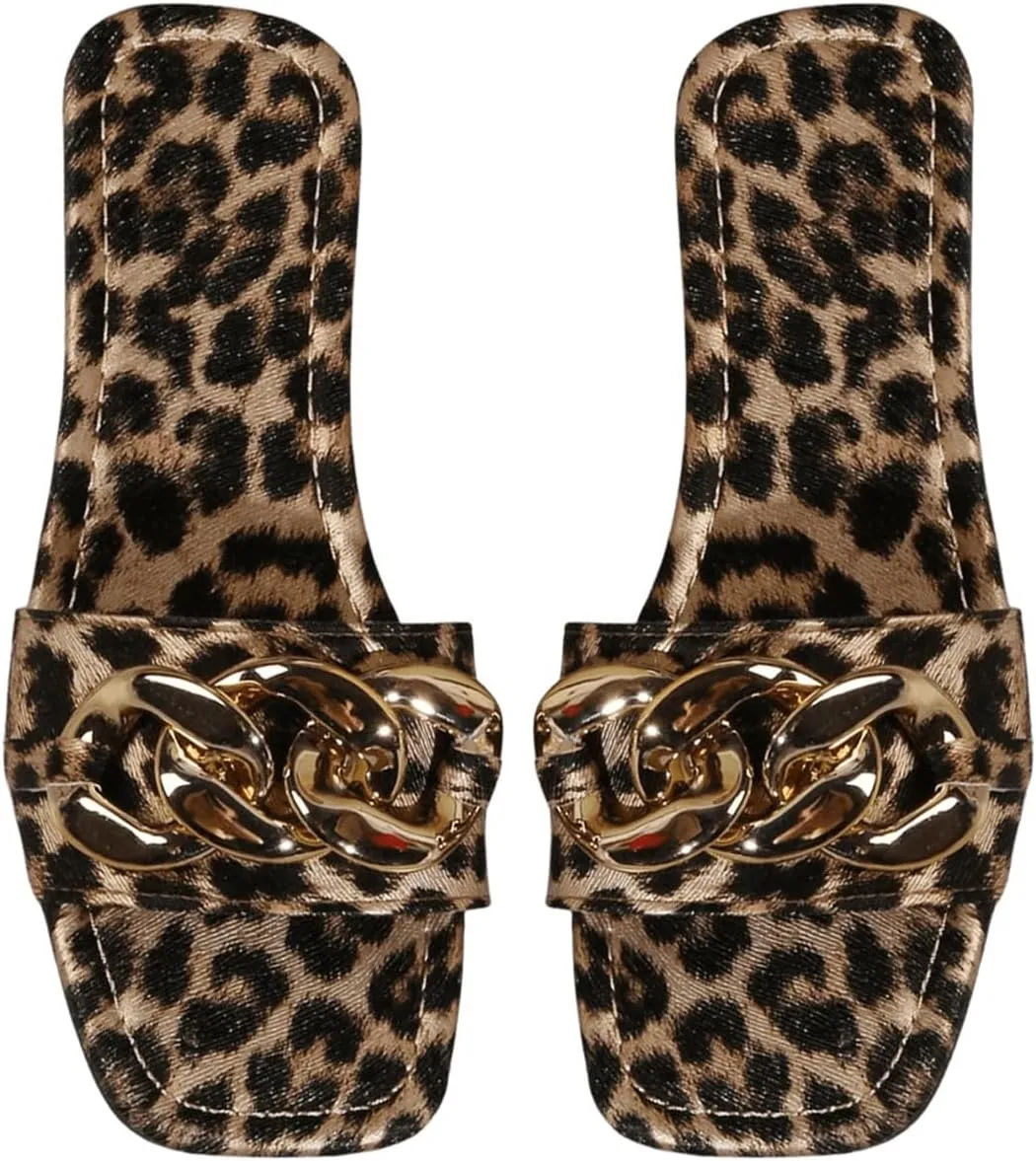 GORGLITTER Women's Leopard Cheetah Slide Sandals Y2K Chain Square Open Toe Slip On Flat Sandal