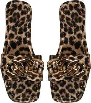 GORGLITTER Women's Leopard Cheetah Slide Sandals Y2K Chain Square Open Toe Slip On Flat Sandal