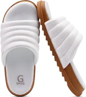 GPOS Womens Slides with Memory Foam Soft Cushioned Cozy House Slippers for Woman Comfy Open Toe Ladies Sandals Leather Slip on Bedroom Shoes Plantar Fasciitis Indoor Outdoor