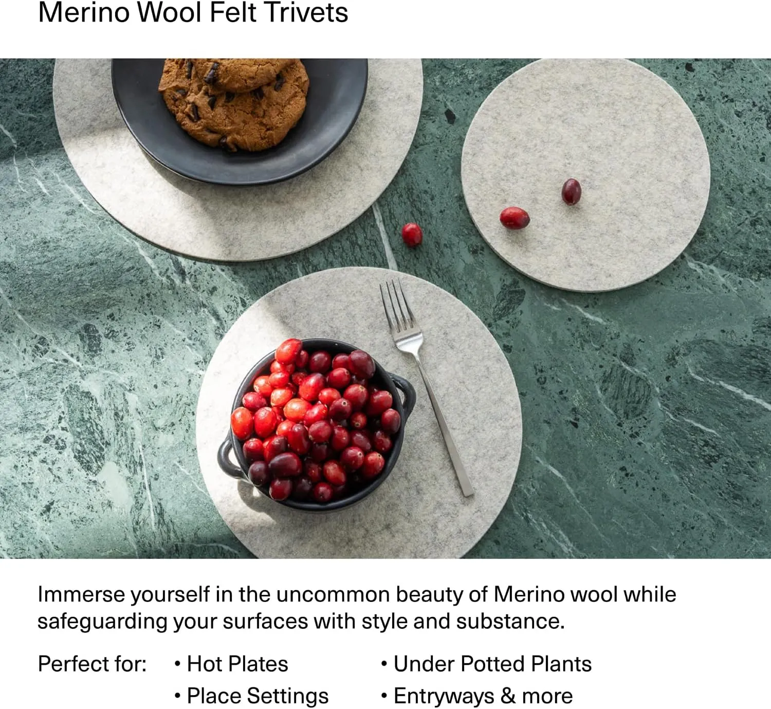 Graf Lantz - Trivets for Hot Dishes - Heat Resistant 100% Merino Wool - Hot Pads for Kitchen, Countertops, Tables, Sizzling Dishes, Pots & Pans - Home Decor, Kitchen Accessories - 12", Charcoal