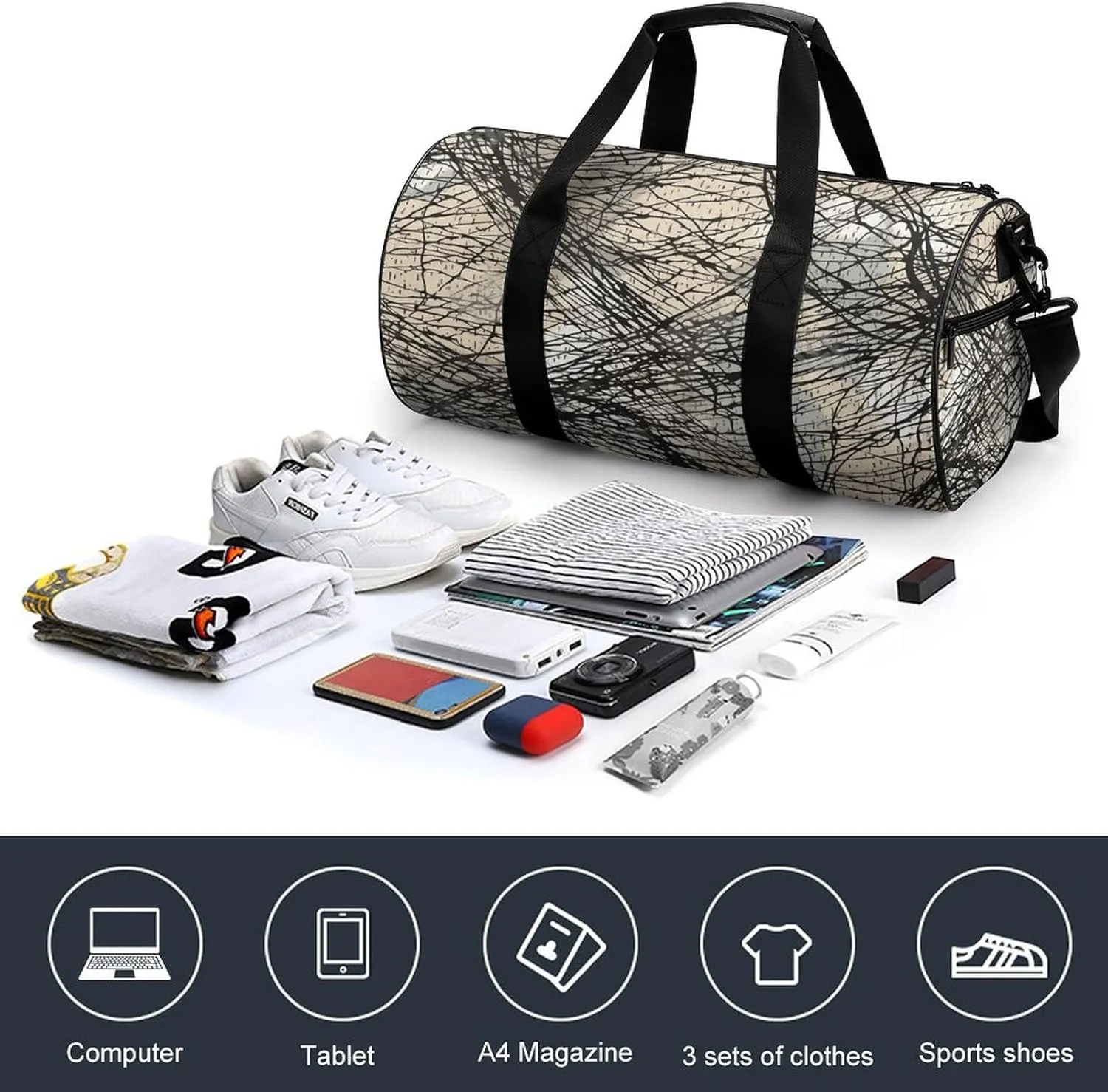 Gray And Black Duffel Bag for Men Women Gym Bag Sports Small Overnight Bag for Travel Weekender