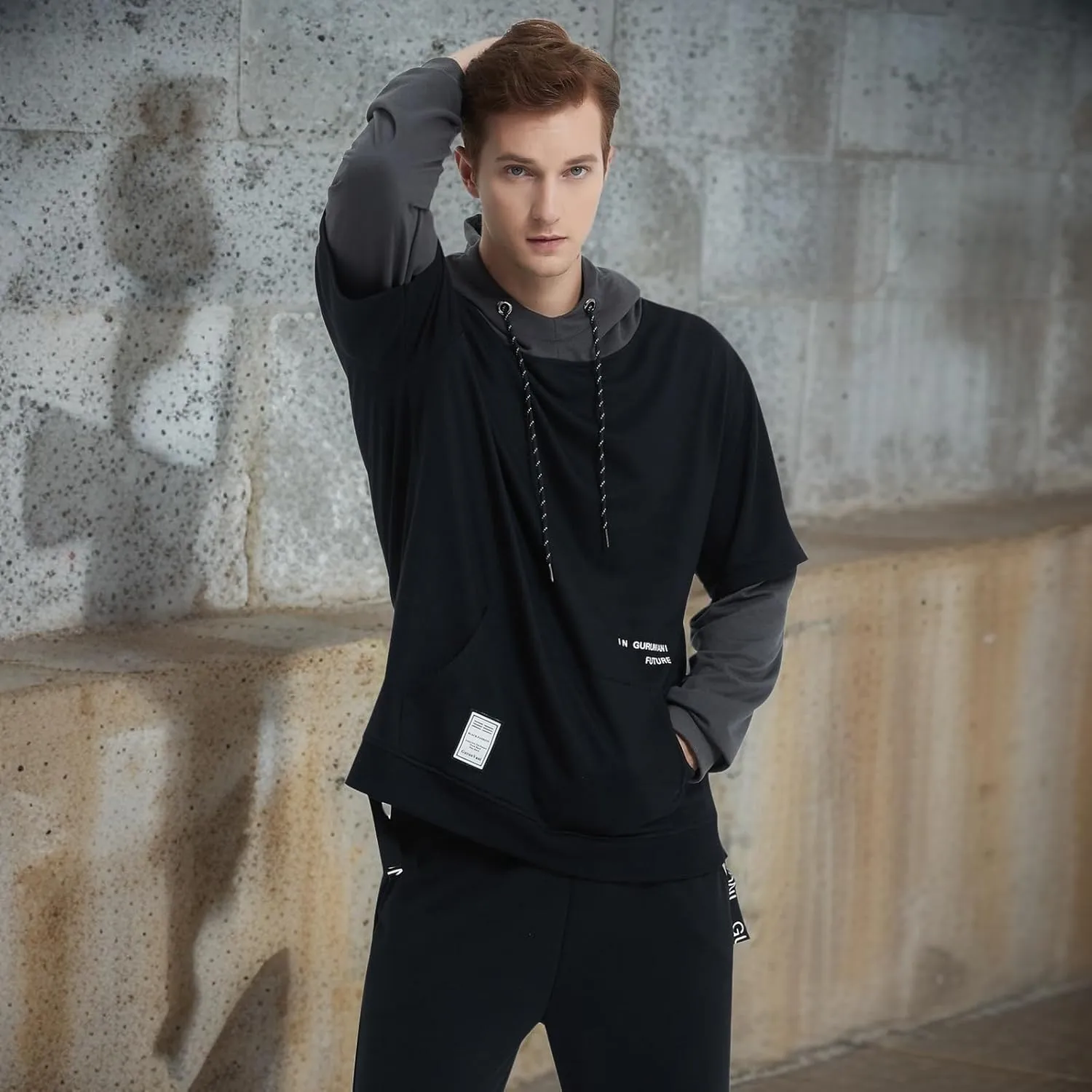 GURUNVANI Contrast Color Pullover Hoodie Mens Patchwork Hoodies Men