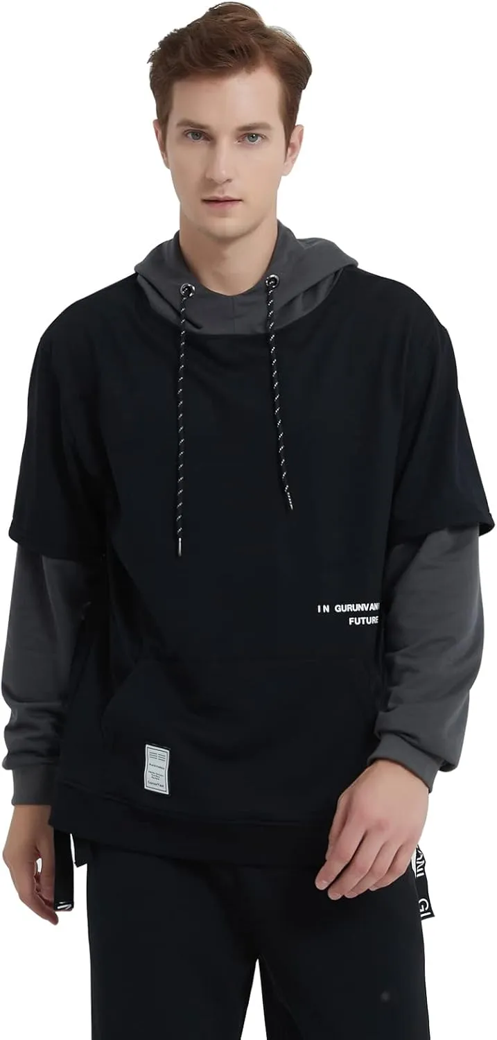 GURUNVANI Contrast Color Pullover Hoodie Mens Patchwork Hoodies Men