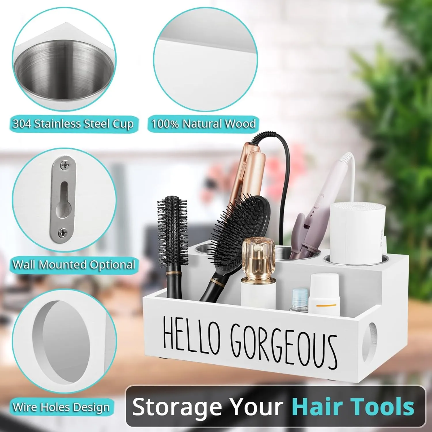 Hair Tool Organizer, Wooden Hair Dryer Holder Countertop, Wall Mount Hot Tools Organizer for Hair Styling Accessories, Bathroom Supplies Vanity Caddy for Curling Wand, Blow Dryer, White