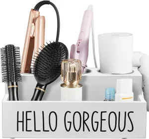 Hair Tool Organizer, Wooden Hair Dryer Holder Countertop, Wall Mount Hot Tools Organizer for Hair Styling Accessories, Bathroom Supplies Vanity Caddy for Curling Wand, Blow Dryer, White