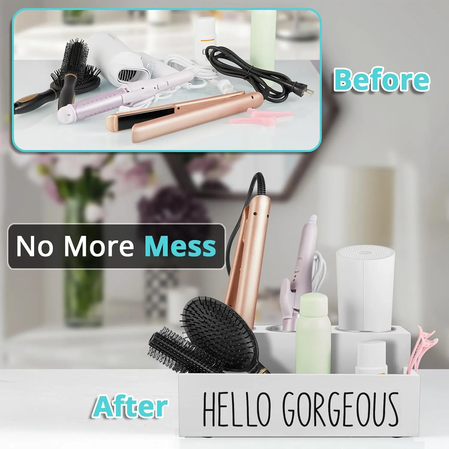 Hair Tool Organizer, Wooden Hair Dryer Holder Countertop, Wall Mount Hot Tools Organizer for Hair Styling Accessories, Bathroom Supplies Vanity Caddy for Curling Wand, Blow Dryer, White