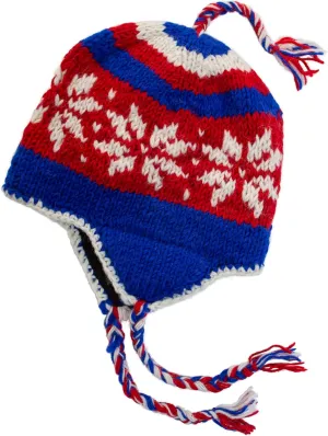 Hand Knit Sherpa Wool Unisex Hat with Micro Fleece Lining with Snowflake Pattern - Ear Flaps - Toque - Beanie
