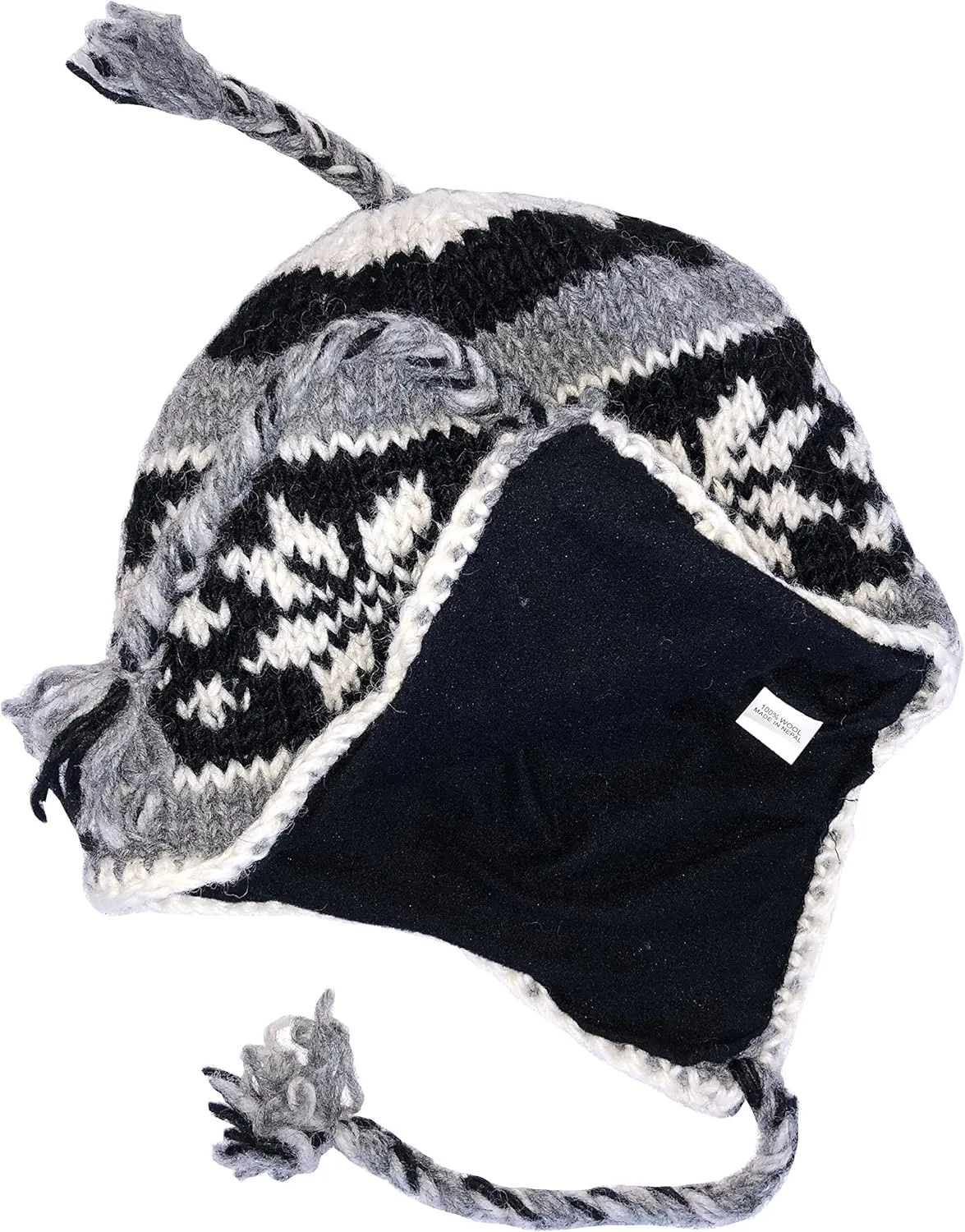 Hand Knit Sherpa Wool Unisex Hat with Micro Fleece Lining with Snowflake Pattern - Ear Flaps - Toque - Beanie