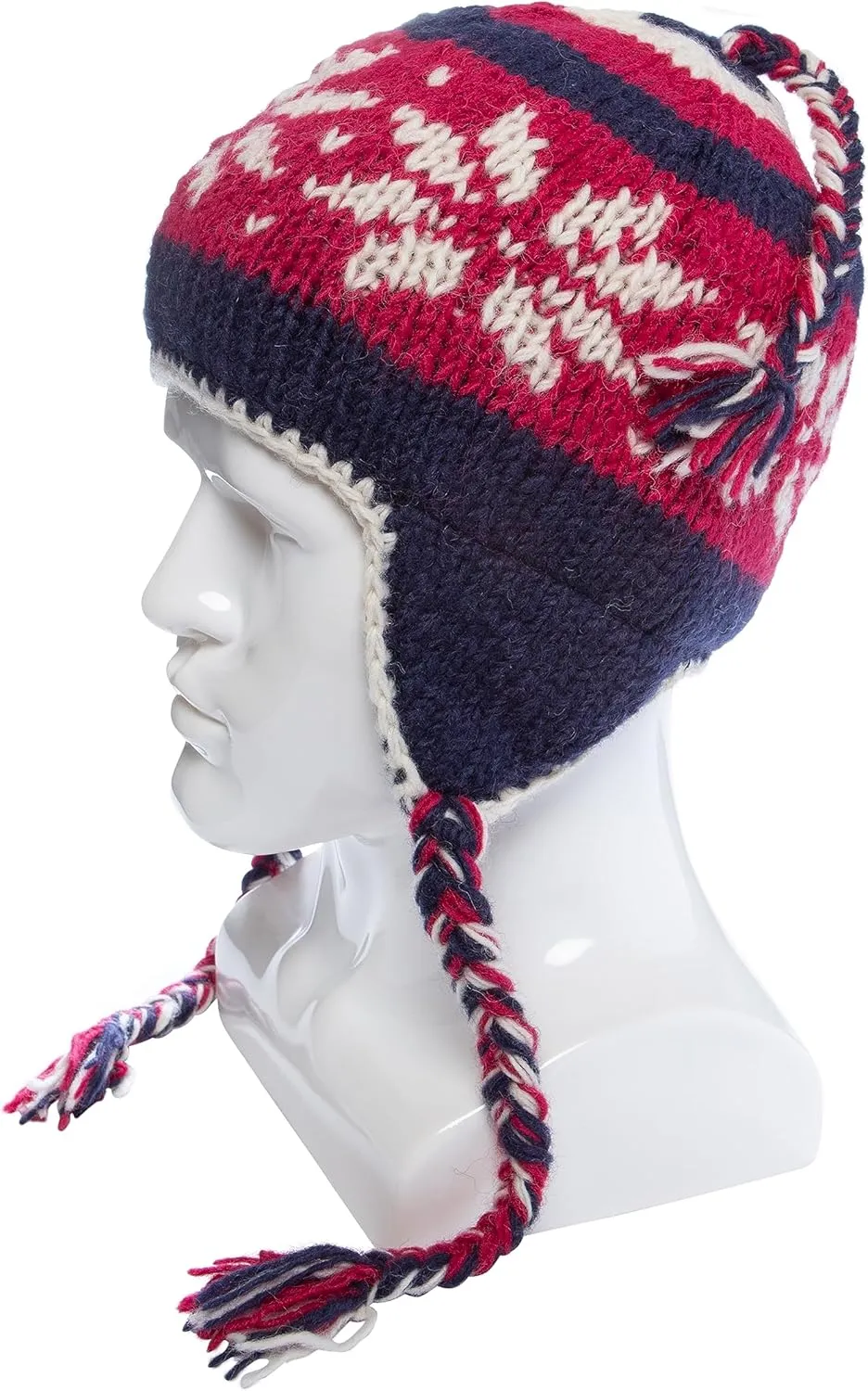 Hand Knit Sherpa Wool Unisex Hat with Micro Fleece Lining with Snowflake Pattern - Ear Flaps - Toque - Beanie