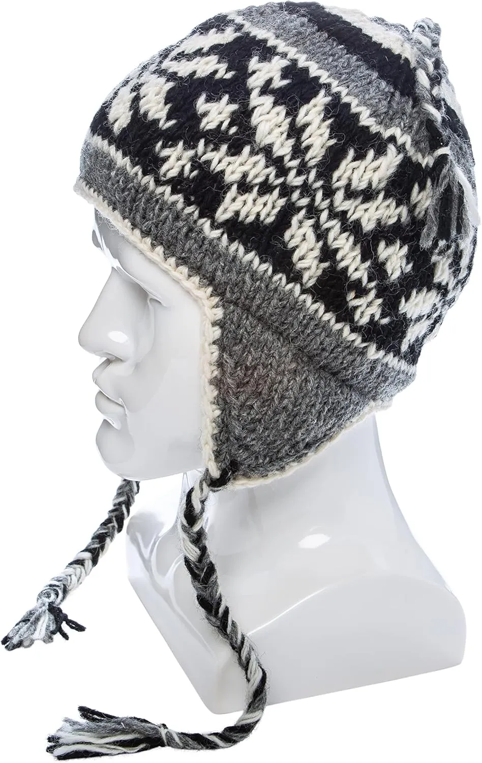 Hand Knit Sherpa Wool Unisex Hat with Micro Fleece Lining with Snowflake Pattern - Ear Flaps - Toque - Beanie