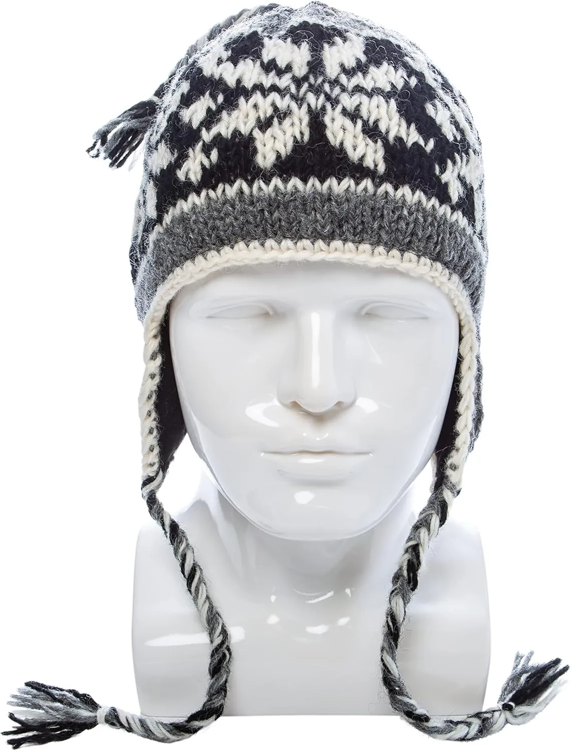 Hand Knit Sherpa Wool Unisex Hat with Micro Fleece Lining with Snowflake Pattern - Ear Flaps - Toque - Beanie