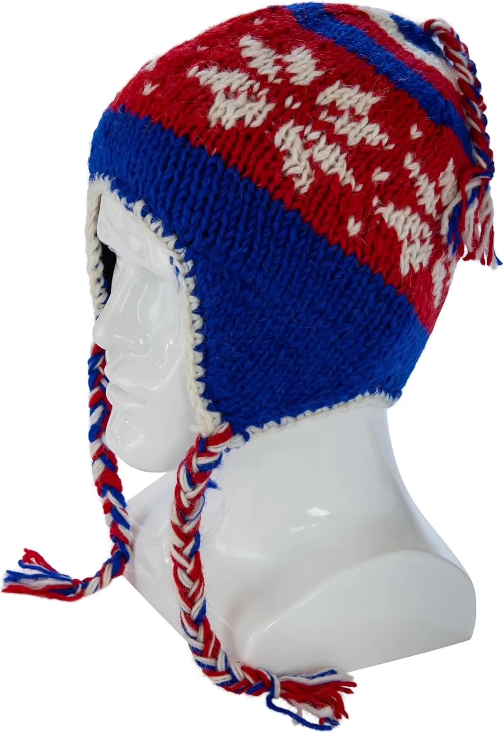 Hand Knit Sherpa Wool Unisex Hat with Micro Fleece Lining with Snowflake Pattern - Ear Flaps - Toque - Beanie