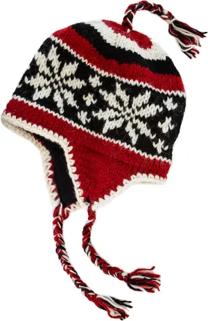 Hand Knit Sherpa Wool Unisex Hat with Micro Fleece Lining with Snowflake Pattern - Ear Flaps - Toque - Beanie