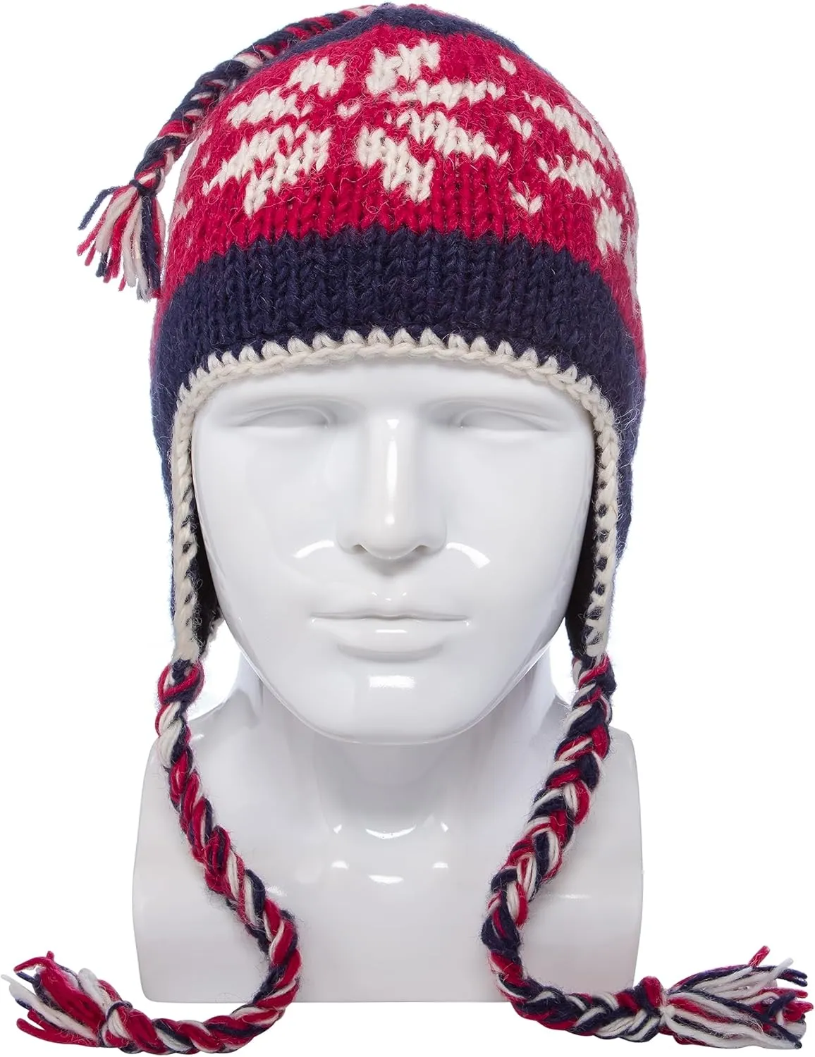 Hand Knit Sherpa Wool Unisex Hat with Micro Fleece Lining with Snowflake Pattern - Ear Flaps - Toque - Beanie