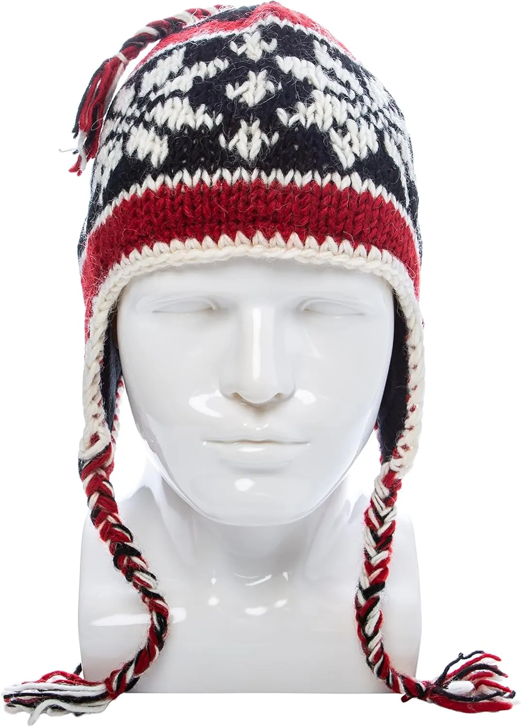Hand Knit Sherpa Wool Unisex Hat with Micro Fleece Lining with Snowflake Pattern - Ear Flaps - Toque - Beanie