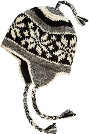 Hand Knit Sherpa Wool Unisex Hat with Micro Fleece Lining with Snowflake Pattern - Ear Flaps - Toque - Beanie