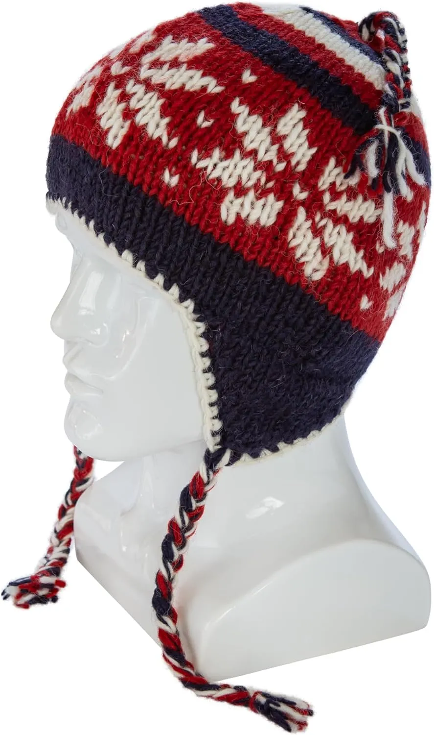 Hand Knit Sherpa Wool Unisex Hat with Micro Fleece Lining with Snowflake Pattern - Ear Flaps - Toque - Beanie