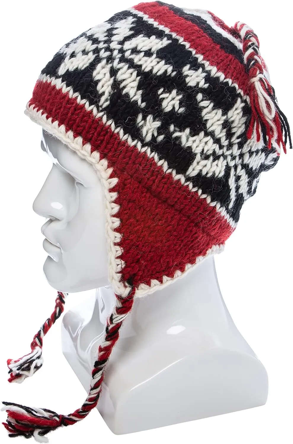 Hand Knit Sherpa Wool Unisex Hat with Micro Fleece Lining with Snowflake Pattern - Ear Flaps - Toque - Beanie