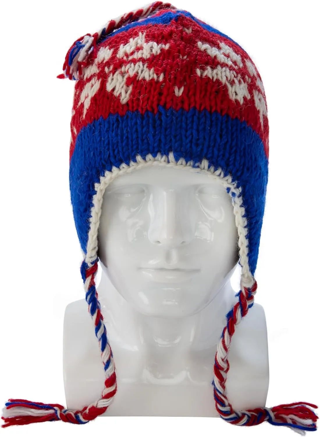 Hand Knit Sherpa Wool Unisex Hat with Micro Fleece Lining with Snowflake Pattern - Ear Flaps - Toque - Beanie