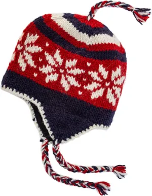 Hand Knit Sherpa Wool Unisex Hat with Micro Fleece Lining with Snowflake Pattern - Ear Flaps - Toque - Beanie