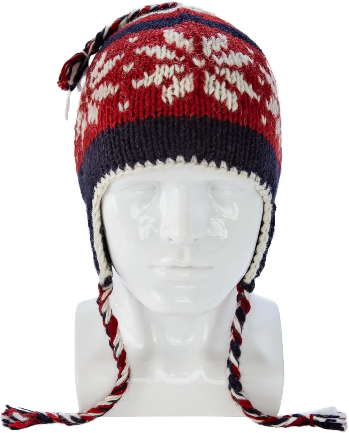 Hand Knit Sherpa Wool Unisex Hat with Micro Fleece Lining with Snowflake Pattern - Ear Flaps - Toque - Beanie