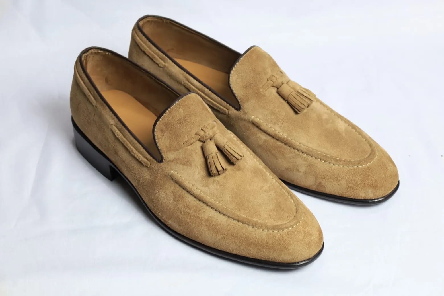 Handmade Beige Suede Penny Loafers for Men