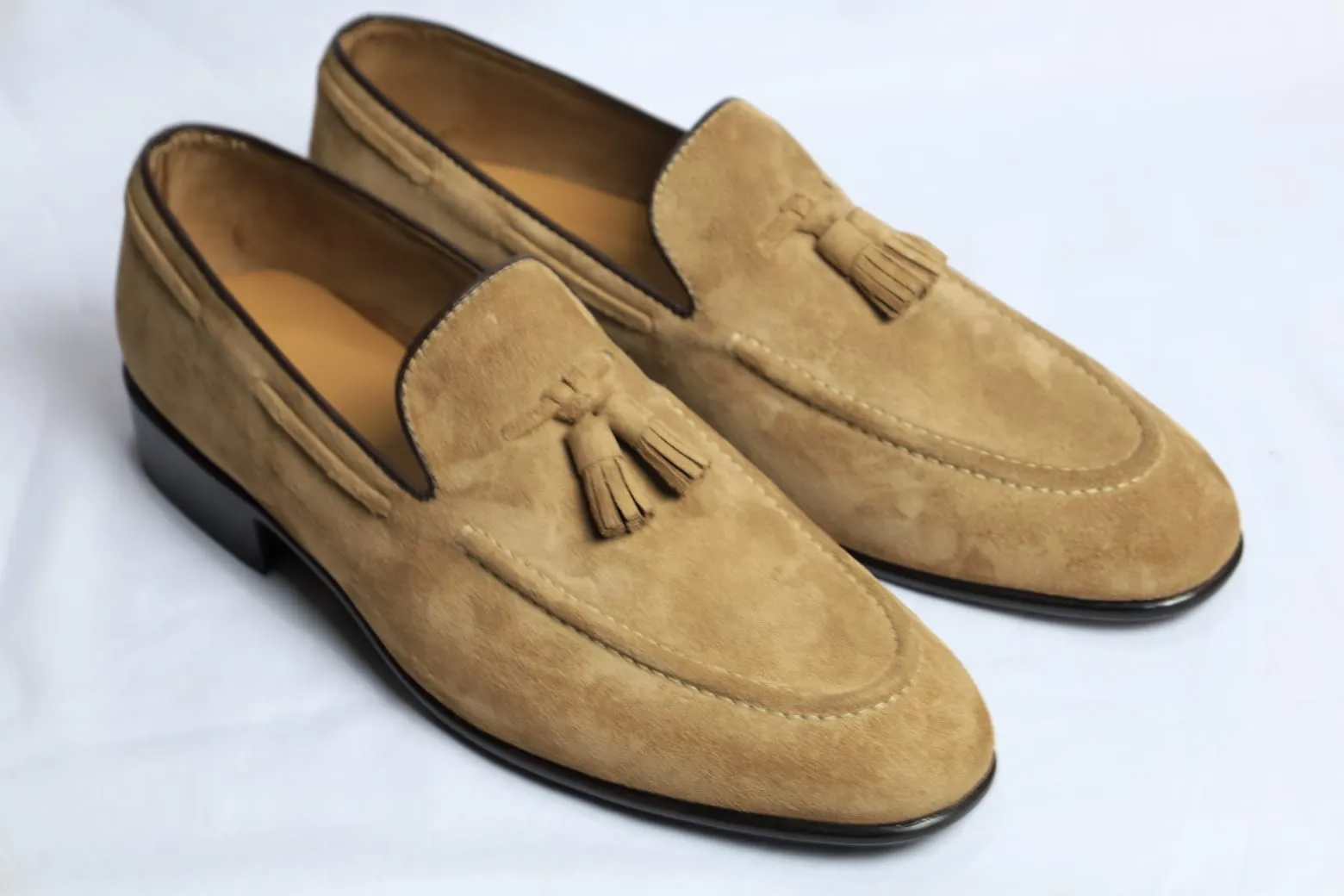 Handmade Beige Suede Penny Loafers for Men