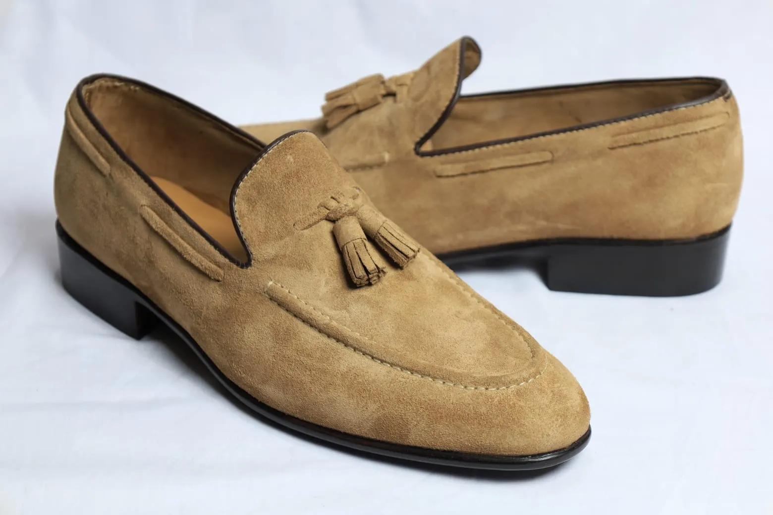 Handmade Beige Suede Penny Loafers for Men