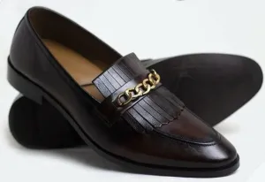 Handmade Dark Brown Leather Fringe Moccasins for Men