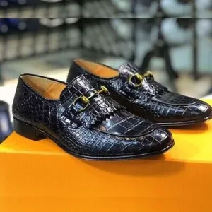 Handmade Men black crocodile fringe moccains , Men black alligators loafer
