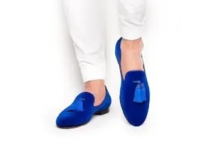Handmade Royal Blue Velvet Loafers with Tassels for Men