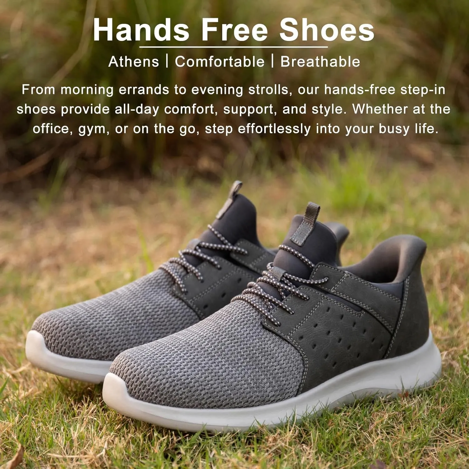 Hands Free Slip On Shoes for Men Walking Casual Sneaker Arch Support Memory Foam Mesh Light Cushioning Fashion Breathable Stylish Black White Tan Grey