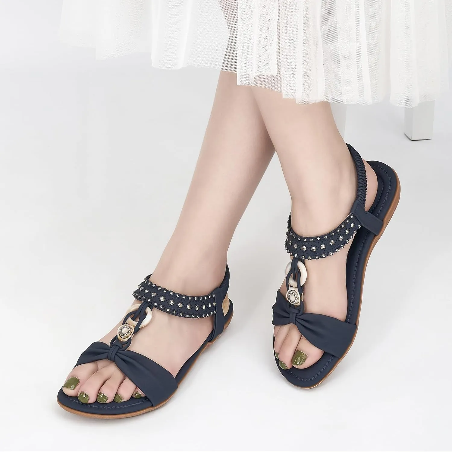 HARENCE Womens Sandals Dressy Flat: Comfortable Elastic Strap Flats Shoes Casual Summer Slip on Sandal for Beach