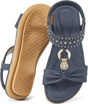 HARENCE Womens Sandals Dressy Flat: Comfortable Elastic Strap Flats Shoes Casual Summer Slip on Sandal for Beach